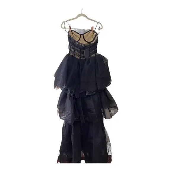 NBD Paula Corset Gown Strapless Tulle Hi-Low Tiered Ruffle Skirt Black Size XS